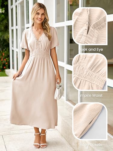 Image of Simplee Women's Summer Flowy Midi Dress Casual V Neck Short Sleeve Empire Waist Boho Beach Dress Wedding Guest Maxi Dress