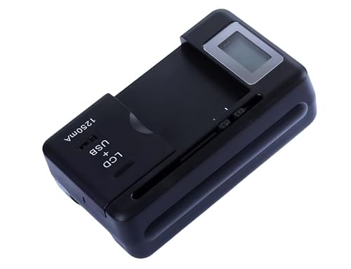 2in1 USB + CA100-240V Caricabatterie | Universale Caricabatterie per Telefono Cellulare per Batterie 32-50mm | Con Schermo LCD | Caricabatterie USB per Fotocamera DSLR Telefono Cellulare