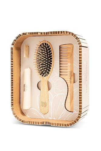 TEK - Hair Pleasure Set, Kit Spazzola e Pettine In Legno, Denti Di Ricambio Inclusi, Set Per La Cura Dei Capelli, Naturale e Artigianale, Perfetto Per Capelli Medi