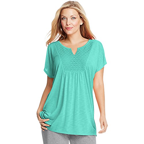 Just My Size Short-Sleeve Slub-Jersey Women s Tunic with Split V-Neck Crochet Bib Yoke