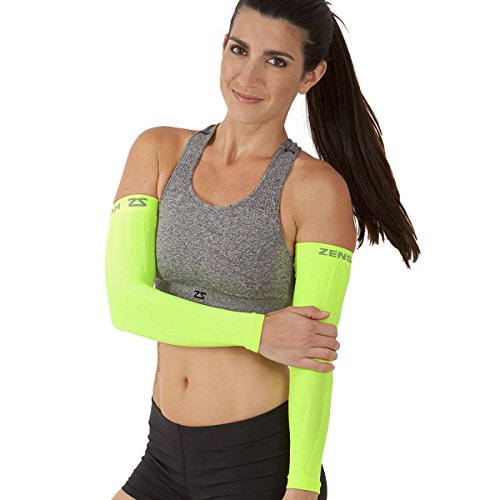 Zensah Compression Arm Sleeves - Made in USA, Thermal Arm Warmers for Cycling and Running with UV Sun Protection (Neon Yellow, Large/X-Large)