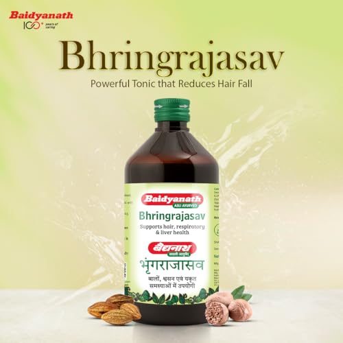 Image of Baidyanath Bhringrajasav Syrup | Ayurvedic Hair Growth, Cough Relief & Multi-Benefit Tonic | The Ultimate Ayurvedic Solution for Respiratory Health, Liver Support, and Blood Purification | Helps in Hairfall & Premature Greying | 450 Ml