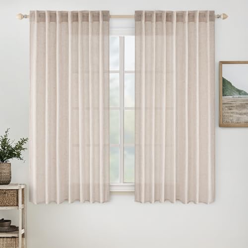 MIULEE Natural White Linen Curtains 48 Inch Long for Bedroom Living Room, Soft Thick Linen Textured Window Drapes Semi Sheer Light Filtering Rod Pocket Back Tab Neutral Farmhouse Cream Ivory 2 Panels