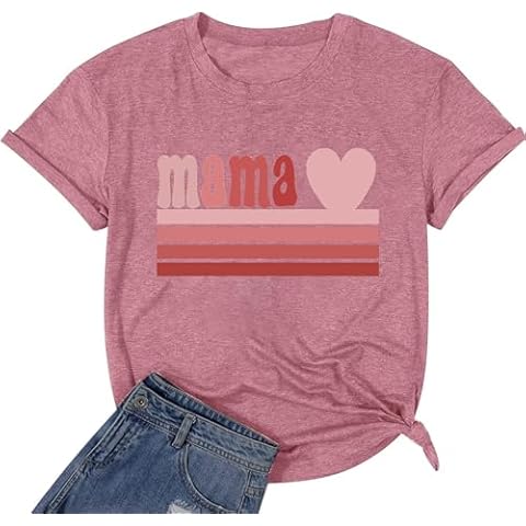 Mother's Day Tee Shirts Cute Pink Mama Letter Printed T Shirts Womens Tshirt Graphic Love Rainbow Heart Tshirts for Women Girls (Red S) Cover