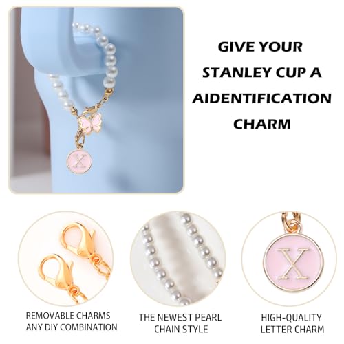 Image of Accessories for Stanley Cup Pearl Chain Initial Accessoriess for Handle Stuff Decor Water Bottle Jewelry Tumbler Cute Simple Modern Personalized Name ID Decorations Letter Pink Tag X