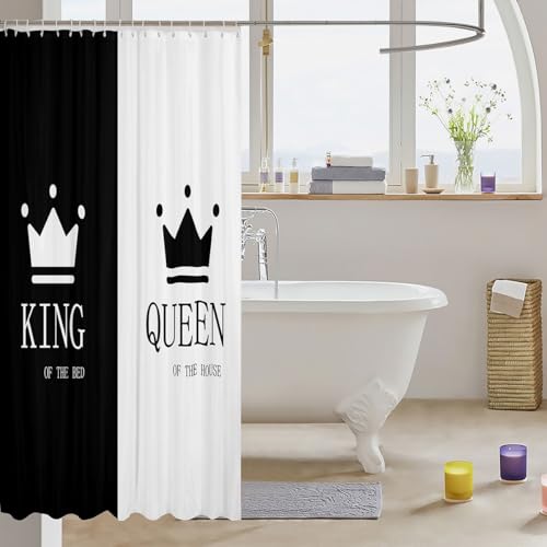 Image of Crown Queen and King Cloth Fabric Bathroom Decor His and Hers Matching Couple Bath Curtain Lover Romantic Valentine's Day Presents Shower Curtain Black and White Shower Curtain with Hooks 72x72 Inch