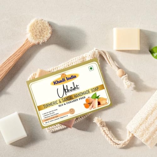 Image of Khadi Turmeric & Sandal Handmade Bathing Soap Bar 125g (Pack of 3) | Natural & Herbal | Glowing & Brightening Skin | For Even Skin Tone & Breakouts | All Skin Types | For Men & Women
