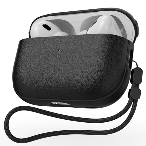JIELIELE for AirPods Pro 3 Case, Leather Texture Cover Compatible with Airpods Pro 3rd Generation(2025)，Full Drop Protective case with Lanyard, Supports Wireless Charging, Front LED Visible Black