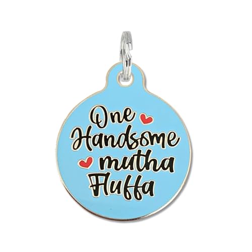 Bad Tags Pet ID Tag - Cute & Funny Dog Tags - Unique Dog Tags with QR Code Engraved on Backside and Personalized Online Pet Profile (One Handsome Mutha Fluffa)
