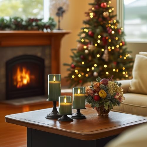Image of Amagic Green Glass Flameless Candles with Remote and Timer for St. Patrick's Day, Real Wax Battery Operated Candles, Flickering Electric LED Pillar Candles, Home Party Decor, Set of 3