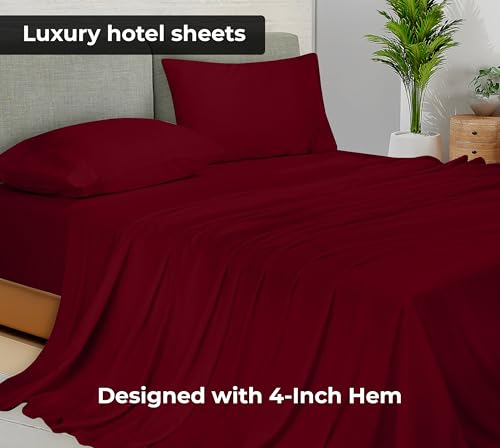 Image of Royale Linens Full Flat Sheet - Ultra Soft Brushed 1800 Microfiber Flat Sheets Only - Wrinkle Free & Stain Resistant - Hotel Quality Top Sheet for Bed (Full, Burgundy)