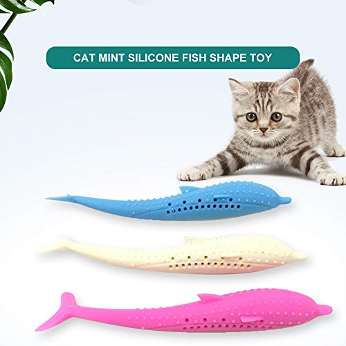 Baugger - Catnip Brinquedos Peixe Forma de Escova de Dentes com Catnip Silicone Molar Vara Dentes Li