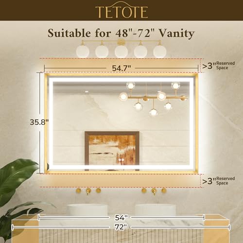 TETOTE 55 x 36 Bathroom LED Mirror Brushed Bright Nickel Metal Frame Frontlit & Backlit Vanity Mirror Stepless Dimmable Anti-Fog 3 Colors White/Warm/Natural Light up Vanity Mirror Wall-Mounted