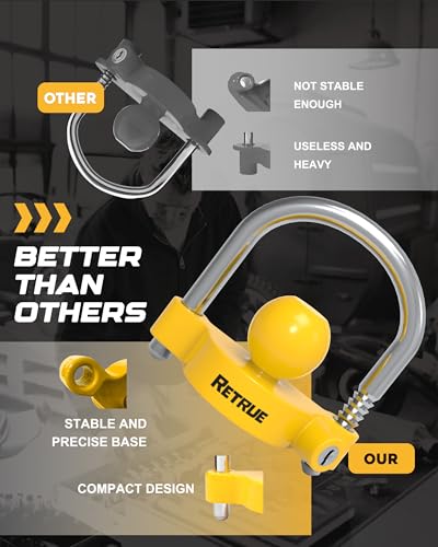 Image of RETRUE Universal Coupler Lock Trailer Locks Ball Hitch Trailer Hitch Lock Adjustable Security Heavy-Duty Steel Fits 1-7 /8 Inch, 2 Inch, 2-5 /16 Inch Couplers, Bright Yellow, Light Weight