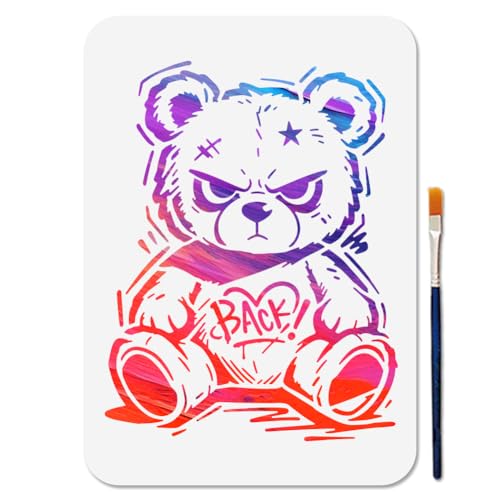 MAYJOYDIY Teddy Bear Stencil Reusable Love Bear Stencil for Painting 11.7Ă8.3inch Animal Drawing Template with Paint Brush for Wall Furniture Canvas Scrapbook Decoration