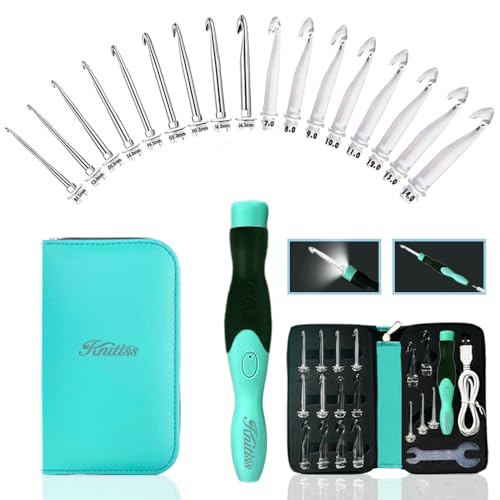Knitiss 17 Größen beleuchtete Häkelnadeln Set 2.5mm~14.0mm wiederaufladbare Häkelnadel mit austauschbarem Häkelkopf