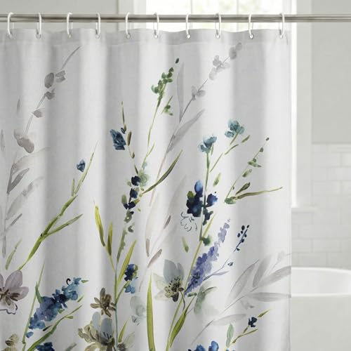 Americanflat 71x74 Floral Shower Curtain - Water-Resistant Long Shower Curtain with Durable Metal Grommets and 12 Hooks - 100% Polyester - Botanical Bathroom Curtains - Blue, Green, Taupe and White