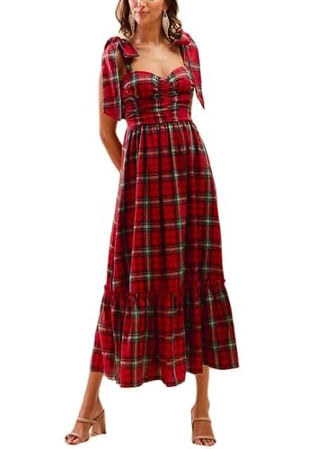 Image of Caziffer Women Christmas Plaid Dress V Neck Lantern Sleeve High Waisted Bowknot Front Checkered Mid Dresses Xmas Outfits (Long Dress Red, L)