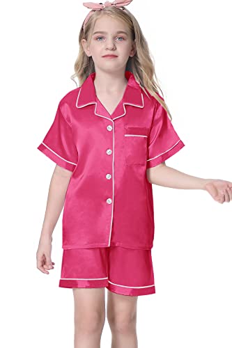 Image of Umeyda Women & Girls Pajamas Set, Soft Satin Lightweight Silk Button-Down Top with Shorts 2 Piece PJS for Mom Boys Kids Gifts