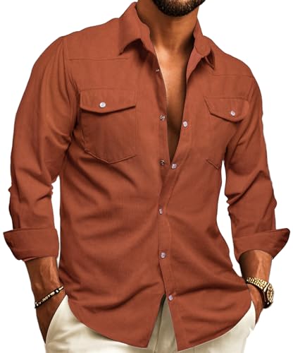 Barry.Wang Mens Corduroy Jacket Shirts Cowboy Lightweight Wrangler Field Western Casual Long Sleeve 2 Flap Pockets