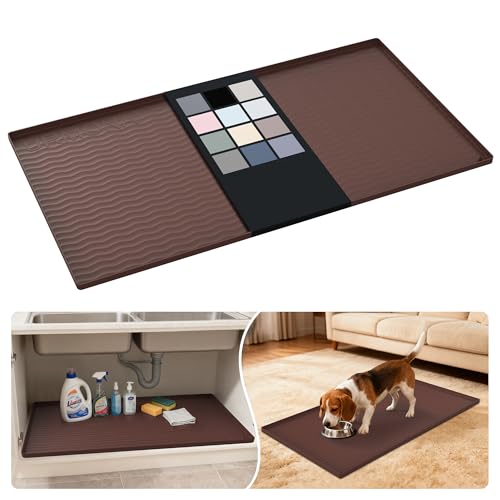 Image of URMONA Waterproof Silicone Under Sink Mat 40'' x 22'' Shelf Liner for Kitchen and Bathroom, Cabinet and Counter Protector, Storage and Organizers, Litter Mat, Pet Cat Puppy Essentials(Brown)