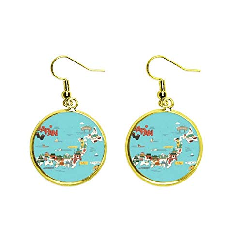 Pendientes de paisaje japonés dorados de mujer tipo gota larga joyería original con mapa antiguo