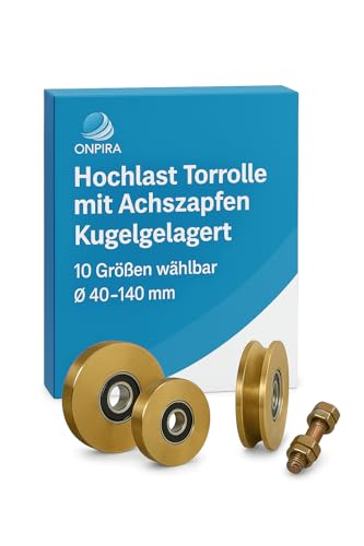 Hochlast Torrolle mit Achszapfen – Kugelgelagerte Laufrolle aus eloxiertem Stahl – 10 Größen wählbar (Ø 40–140 mm) – Gelb verzinktes Hochleistungslager – für Schiebetore & Rolltore