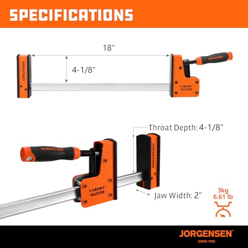 Image of JORGENSEN 18-Inch Parallel Bar Clamp, Heavy-Duty Cabinet Master Clamp for Woodworking Glue-Up, 2200 lbs Force, Quick Release, Spreader Function, 2-Pack