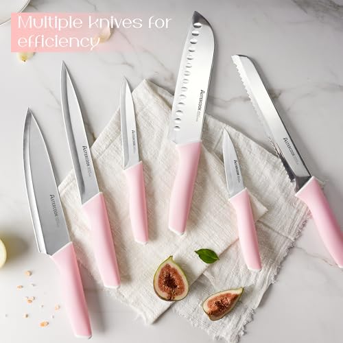 Image of Astercook Knife Set, Kitchen Knives Set with Block and Sharpener 15 Pcs German Stainless Steel Knives Sharp Blade Dishwasher Safe Deba Knives with Ergonomic Handle, Crystal Pink
