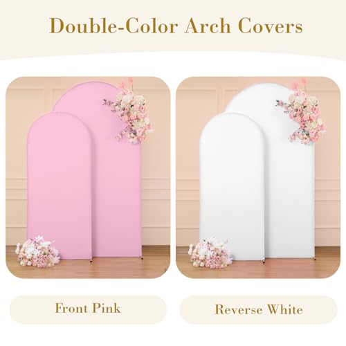 Image of White Pink Photo Arch Backdrop Cover Set of 2-7.2ft and 6ft Arch Covers Stretchy Backdrop Spandex Baby Shower Arch Stand Covers for Girls Birthday Party Wedding Bridal Shower Background Decorations