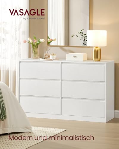 VASAGLE Kommode mit 6 Schubladen, Komodenschrank, Schubladenschrank, Wäschekommode, für Schlafzimmer, 40 x 119,4 x 75 cm, Modern Kailyn Kollektion, schneeweiß LTS616W01