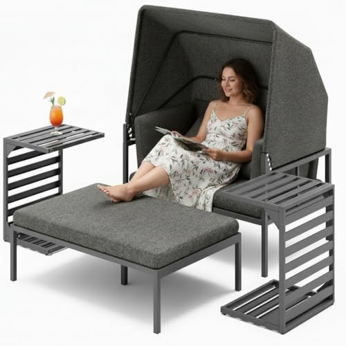 Melko Strandkorb inkl. Sonnendach Aluminium Sonneninsel Gartenmöbel Set mit 2 Beistelltischen | wetterfest und rostfrei | extra Dicke Wasserabweisende Kissen