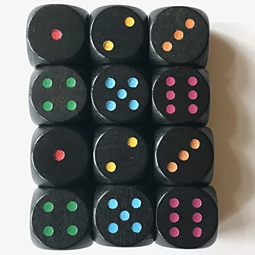 Dados arcoíris de madera: dados con ojos de diferentes colores, tamaño estándar para juegos de mesa (16 x 16 x 16 mm) / Accesorios de juego de tablero (12 dados, negros con ojos de diferentes colores)