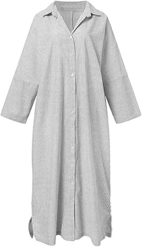 CHARTOU Women Loose Striped Shirt Dress Long Sleeve Flowy Shift Dress Button Up Cotton Maxi Dress Kimono Beach Cover Ups3