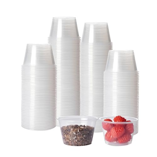 HOMIP 200Pcs 4oz Disposable Plastic Portion Cups (No Lids), Small Mini Sauce Cups for Portion Control, Salad Dressing Cups, Airtight and Stackable Condiment Cups for Party, Holiday and Daily Use