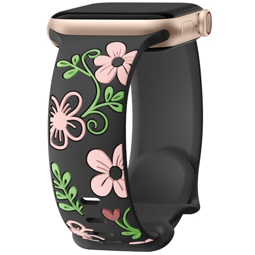Mastten Correa floral compatible con correas de Apple Watch de 1.575 pulgadas, 1.614 pulgadas, 1.654 pulgadas, 1.496 pulgadas, para mujer, bonita correa deportiva de silicona con incrustaciones