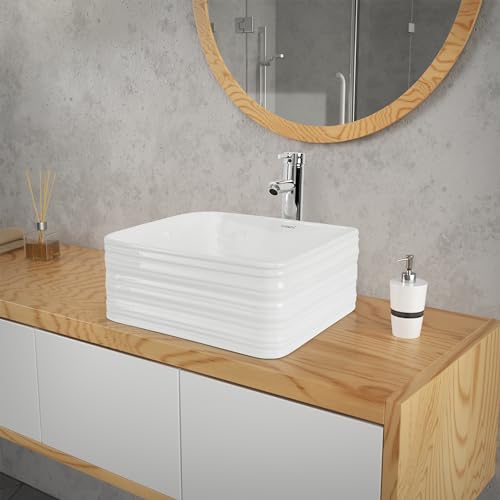 ML-Design Lavabo da Appoggio in Ceramica Bianca Lucida 39 x 39 x 15 cm Lavandino Quadrato Moderno Lavello Sanitari per il Bagno Foro di Scarico Standard 45 mm