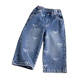 Jydiazi Kinder Baby Mädchen Jeanshose Weite Gerade Süße Schleifenprint Denim Hose Mit elastischer Taille Und Taschen Blau 98-104