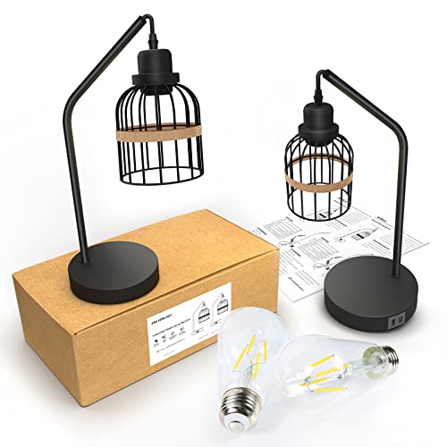 Akasuki Industrial Table Lamp Set Of 2, Vintage Black Bedside Lamp With Dual Usb Charging Ports, 3-Way Dimmable Touch Control Farmhouse Nightstand Lamps With Metal Cage Shade(Led Bulbs Included) #TOP5