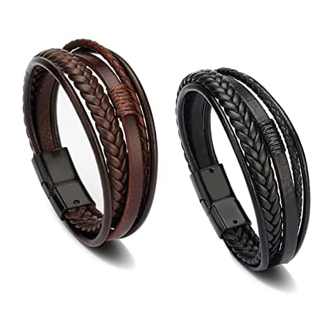 HOHOTANG Mens Leather Bracelet Black Brown 2pcs, Multi-Layer Braided Genuine Leather Bracelet, Magnetic Clasp Rope Wristband, Birthday Christmas Gifts for Boyfriend, Father, Husband Cover
