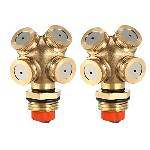 uxcell Misting Spray Nozzle, 1/2BSPF Brass 4 Holes Garden Sprinklers Irrigation Connector Fitting, 2 Pcs (with Adapter and Filter Mesh)
