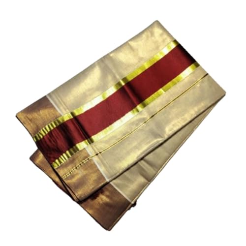 Image of Women's Kerala Kasavu Golden Gold Tissue Saree with Running Blouse Piece | Kerala Onam Saree with Tissue Mural Painted (Saree 5.5 meter, Blouse Piece 0.8 meter)