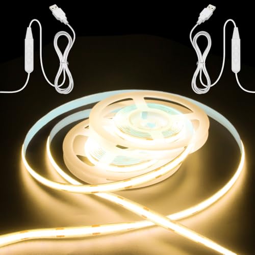 Image of Aclorol USB COB LED Strip Lights 3.28FT /1M Warm White 3000K Dimmable for TV | 2 Pack Short LED Strip Lights, Flexible and Cuttable, for Bedroom Wardrobe Kitchen Cupboard Staircase Home DIY Lighting
