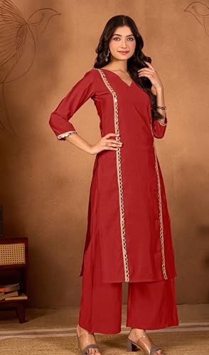 Image of Women Straight-Cut Kurta Pant Set with Subtle Golden Lace Embellishment | Elegant Ethnic Wear for Festive, Office & Casual Use