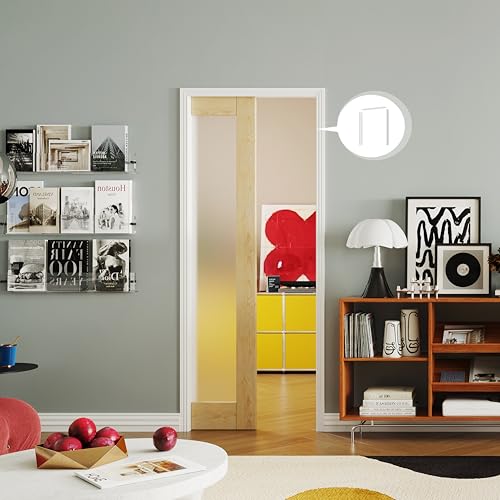 Image of Interior Pocket Door, 1-Lite Frosted Glass Pantry Door Panel with Frame and Hardware Kit Set Plus Door Jamb, 30 inch x 80 inch Single Closet Door Slab for Sliding Door, No Panel Assembly Required