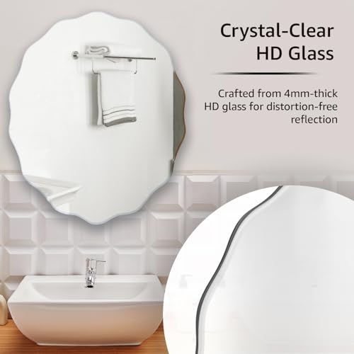 Image of Amazon Basics Frameless Oval Glass Wave Wall Mount Mirror with Beveled Edges - Decorative Bathroom, Bedroom, Living Room, Dressing Room & Entryway Mirror - 38 x 0.4 x 44.5 cm
