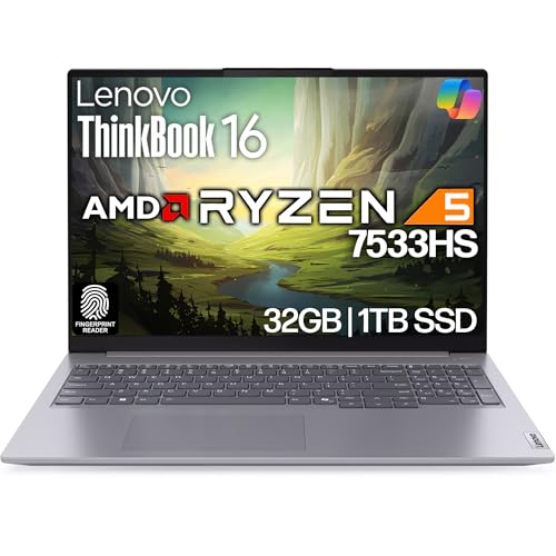 Lenovo ThinkBook 16 G7 Business Laptop, 16” FHD+, AMD Ryzen 5 7533HS, 32GB DDR5, 1TB NVMe, WiFi 6 + BT, RJ-45, HDMI, Fingerprint Reader, HD Webcam, Win 11 Pro