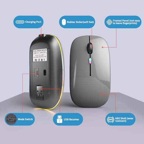 Image of Wireless Bluetooth Mouse, Rechargeable, LED, Silent, Ultra-thin Design (Bluetooth 5.2 and 2.4GHz USB Receiver) | Portable Computer Mouse for Laptops, iPads, MacBooks and Apple Devices (Grey)