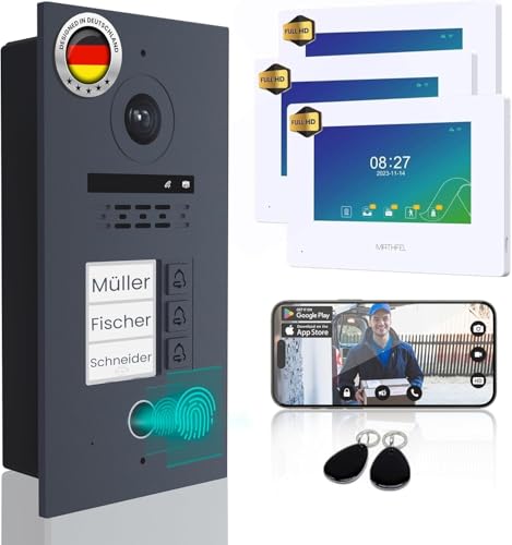 Mathfel 2 Draht Video Türsprechanlage 3-Familienhaus Fingerprint Full HD Fischaugenkamera 1080p mit 2 Jahren Garantie - Einfache 2-Draht-Bus-Installation - 170° Kamera, 3X 7-Zoll WLAN-Monitor weiß