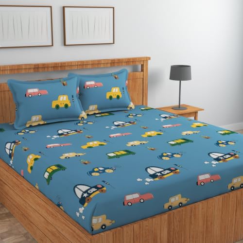 Image of NEW LEAF Cotton Flat Double Bedsheets with 2 Pillow Covers | Double Bed Breathable | Wrinklefree | Ultrasoft |Summer Bedsheet 200 to 220 tc Floral | 90 x 90 inches, Floral Denim Blue